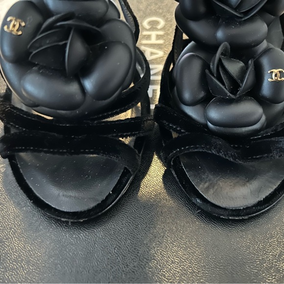 CHANEL Black Camellia-Embellished Strappy Heels - Picture 2 of 6